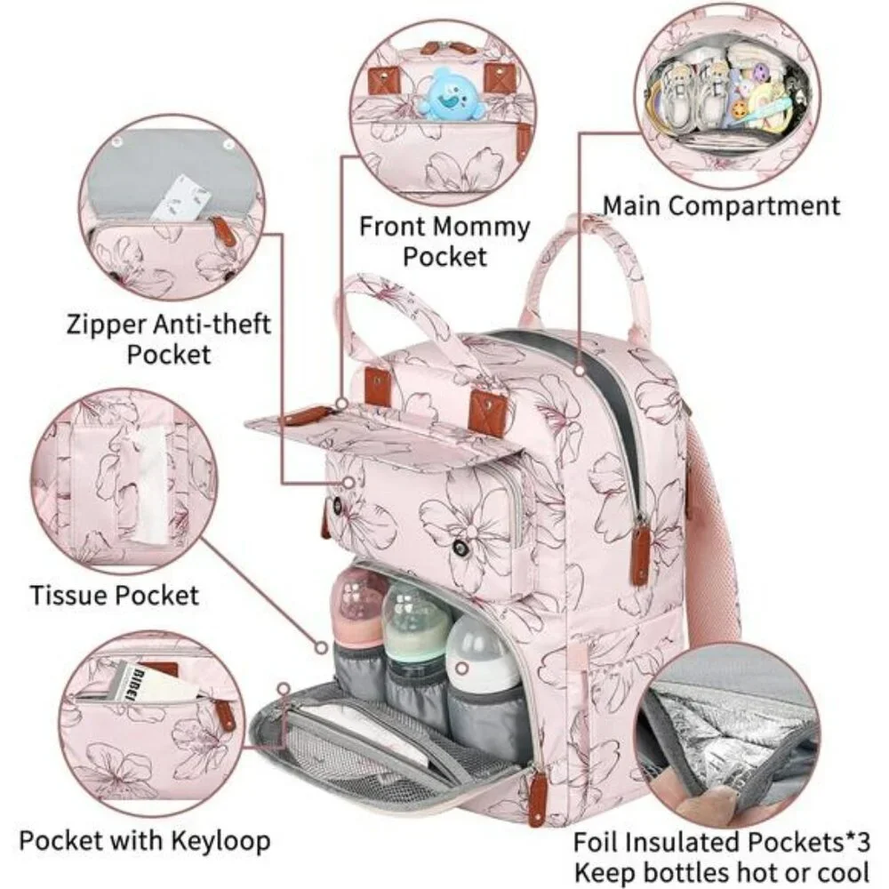 Large Pink Floral Diaper Bag Backpack Baby Girl Travel Organizer with Pockets